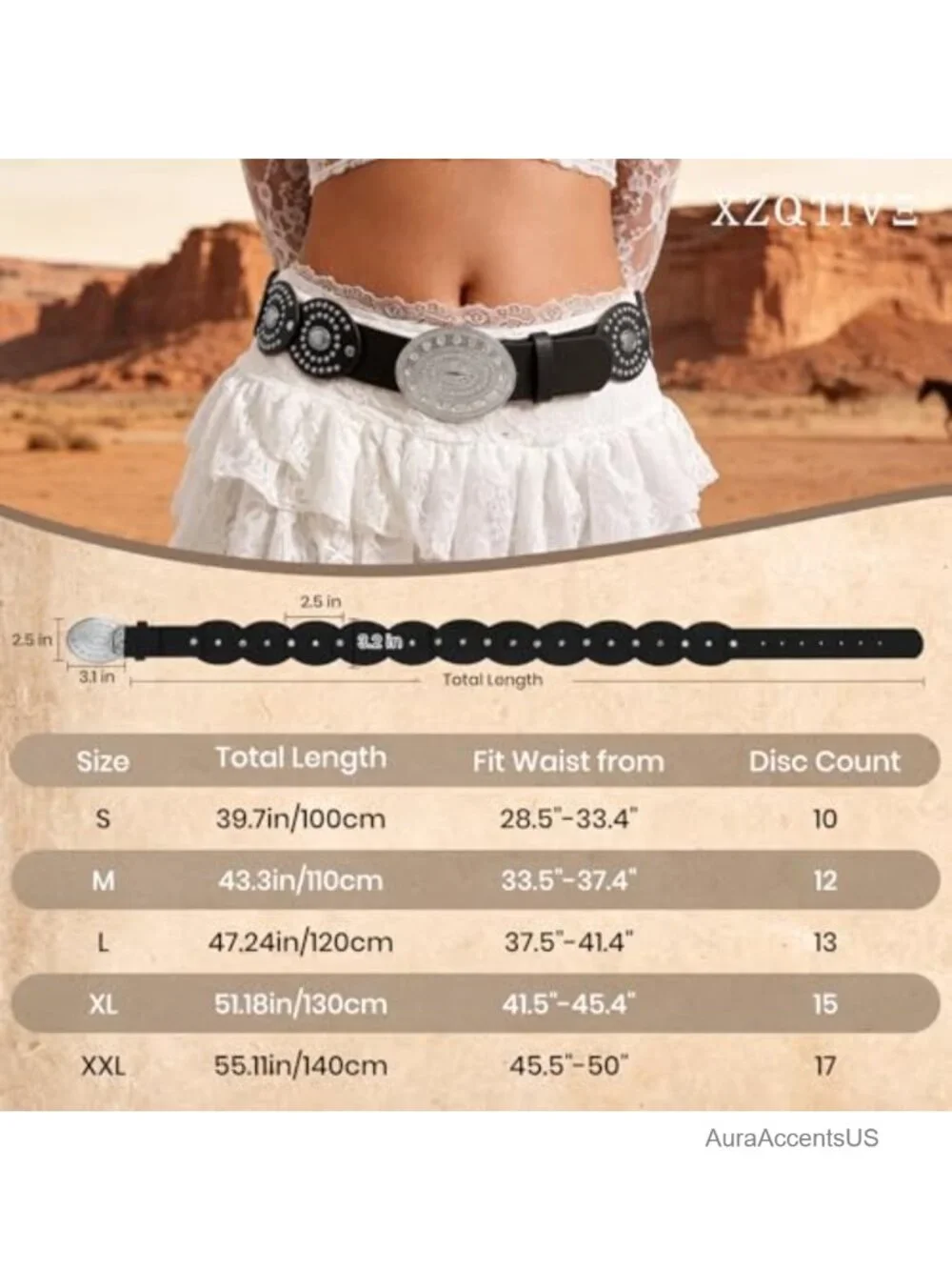 Wide Western Disc Belt | Faux Leather Concho Belt with Rhinestone Buckle for